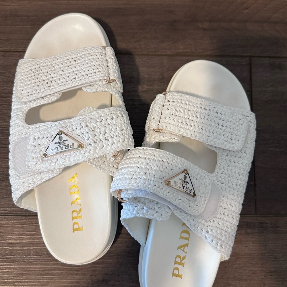 Prada Cream Woven Slide Sandals